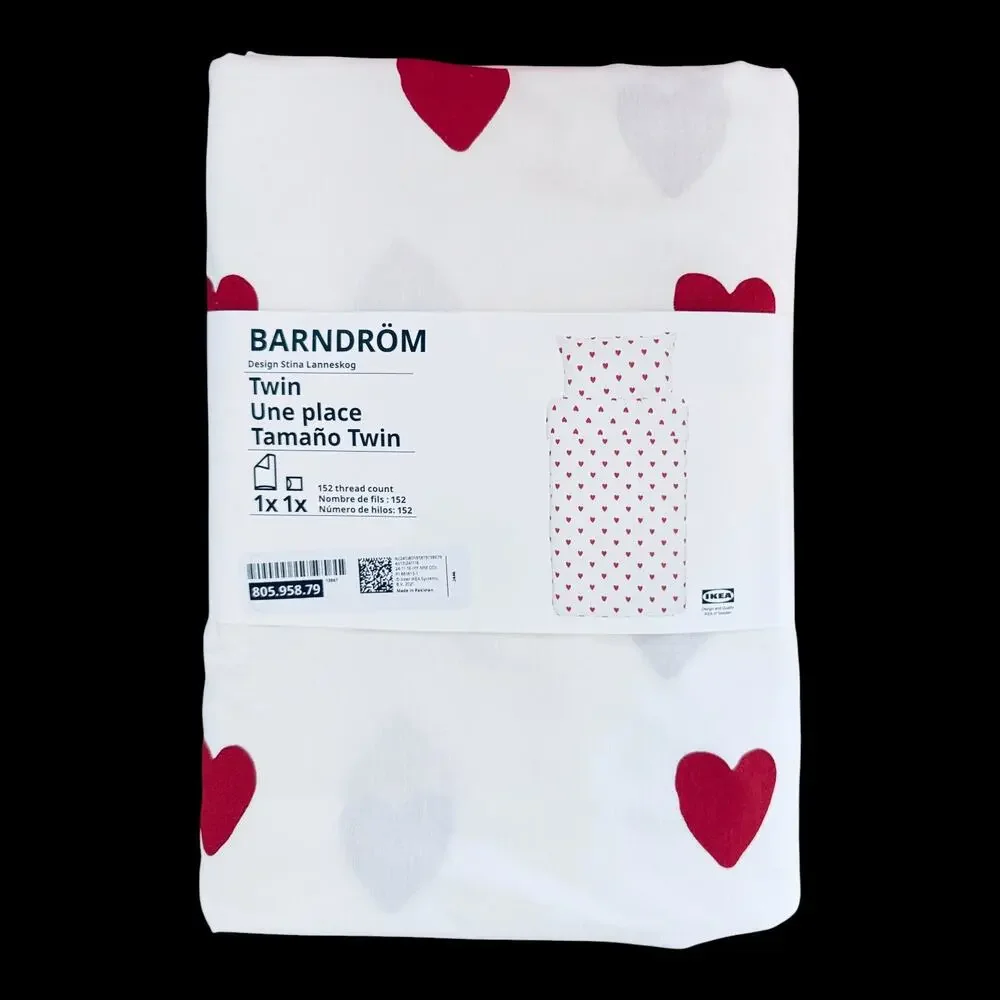 IKEA BARNDROM White with Red Heart Pattern Twin Duvet Cover & Pillow Case